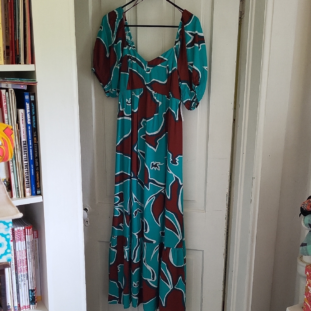 Nine West Teal and Brown Long Sleeve Dress